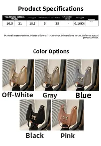 Size chart showing PU leather bow handbag dimensions and multi-color options available