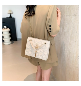 Detail of beige quilted handbag with gold S-logo buckle and chain strap on model