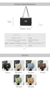 Detailed size chart and multi-color options for the quilted chain shoulder bag
