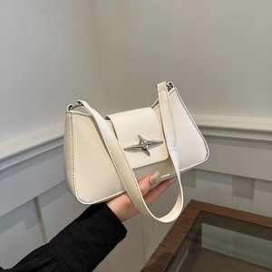 Chic cream white leather underarm bag with silver star buckle and Y2K shoulder strap
