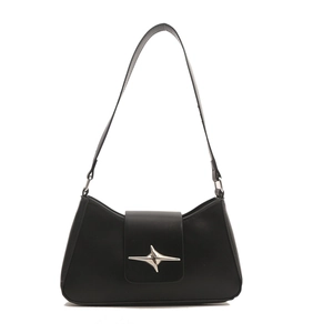 Minimalist black leather underarm bag with a silver star buckle on a plain white background