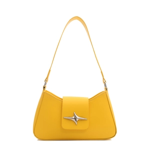 Fashionable bright yellow faux leather baguette shoulder bag with silver star buckle detail