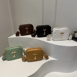 Women Crossbody Bag PU Leather V-Shaped Quilted Gold Deer Charm Wide Patterned Strap Fashion Square Camera Bag