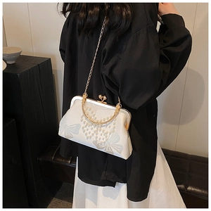 Vintage white silk handbag with floral jacquard, pearl accents and gold metal chain strap