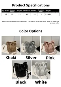 Size chart and dimensions for the ruched PU leather drawstring bucket bag with five colors