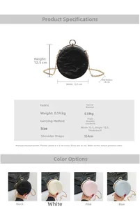 Detailed size chart and color options for the round texture evening chain bag