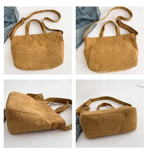 Detailed four-view shot of a brown corduroy tote bag showing straps and fashion embroidery