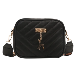 Chic black crossbody square bag with wide shoulder strap and gold deer pendant