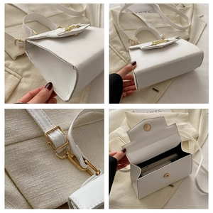 Dettaglio della piccola borsa bianca strutturata con finiture dorate e spazio interno