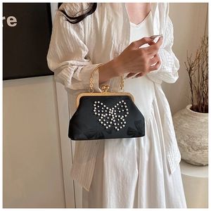 Detail of silk clutch bag with pearl butterfly design and gold metal ring handle