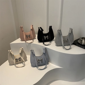 Women Hobo Bag PU Leather Metal Bow Decoration Underarm Shoulder Handbag Minimalist Sweet Korean Style For Daily Use