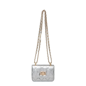 Silver quilted mini crossbody bag with gold chain strap and turn-lock closure