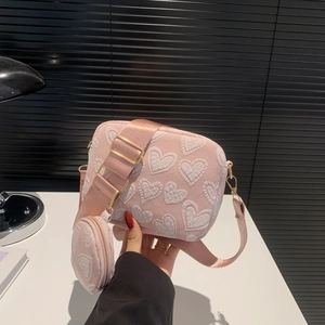 Pink heart embroidery canvas crossbody bag with matching round mini coin purse and strap