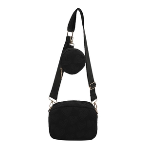 Fashion heart embossed canvas crossbody bag set with detachable round coin purse in black