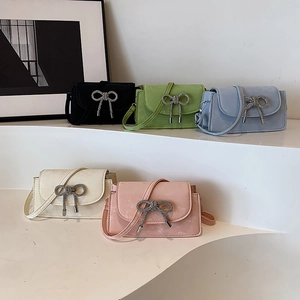 Women Rhinestone Bow Crossbody Bag PU Leather French Niche Small Square Shoulder Purse Elegant Trendy Messenger Bag