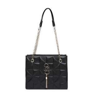Quilted black chain shoulder bag with gold metal logo and stylish tassel detail