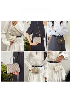 Detailed views of mini hourglass crossbody bag with monogram pattern and gold chain strap