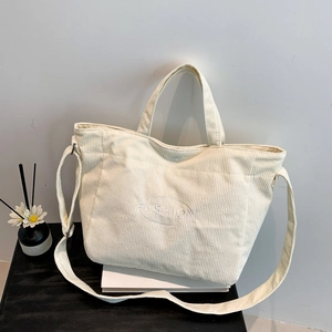 Minimalist cream corduroy tote bag with Fashion embroidery and adjustable strap