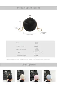 Detailed size chart for spherical chain bag showing 14cm dimensions and material specs