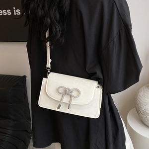 French style white crossbody bag with sparkling rhinestone bow detail for women