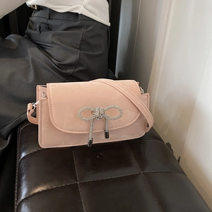 Pink velvet small square crossbody bag with sparkling bow metal buckle and thin strap