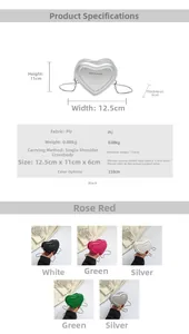 Detailed sizing chart and material specs for the mini heart-shaped metallic PU crossbody bag