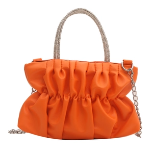 Orange pleated cloud bag with rhinestone handle and silver chain strap for women