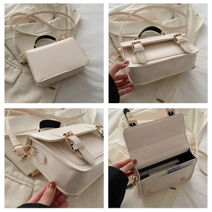Detailed four-grid view of cream crossbody bag showing structure and interior capacity
