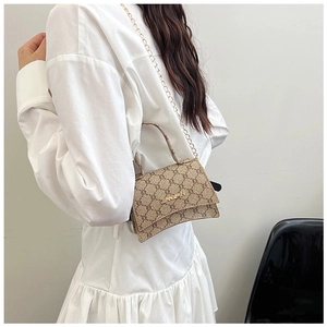 Detail of light brown monogram crossbody bag with gold chain and metal logo plate