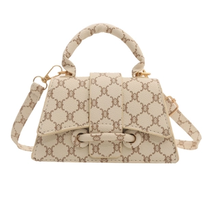 Borsa a mano a trapezio vintage crema con monogramma marrone e tracolla staccabile