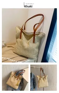 Detail of khaki straw tote bag with brown straps and fringe tassel accessory