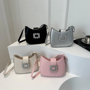 Sac À Épaule Femmes Similicuir Boucle Carrée Strass Sac Hobo Sous L'aisselle Sac À Main Croissant Élégant
