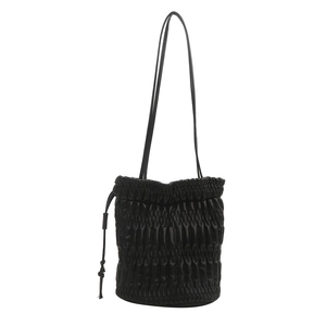 Minimalist black pleated bucket shoulder bag with vertical gathered leather texture