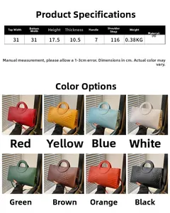 Detailed size chart and multi-color collage of crocodile pattern faux leather handbags