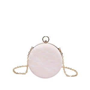 Pink round hardshell evening bag with pleated texture and gold chain strap