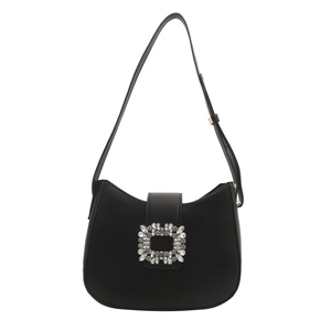 Sac sous le bras en cuir noir élégant avec boucle carrée en cristal et bandoulière réglable