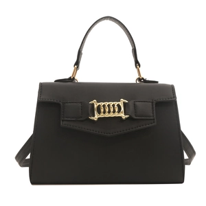 Classic black matte leather Kelly style handbag with gold chain buckle and cross-body strap