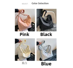Collage of four nylon crossbody bags in pink, black, off-white, and blue with ruched straps