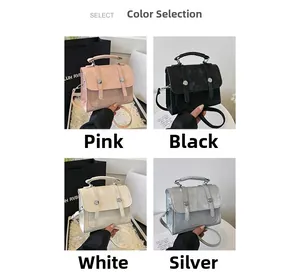 Collage of chic minimalist small handbags in pink black white and silver finishes