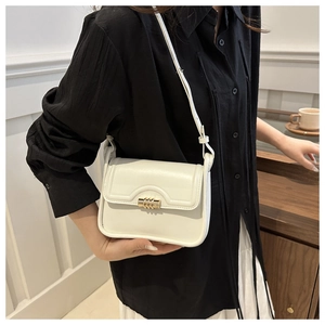 Minimalist off-white leather square shoulder bag with elegant gold spiral lock detail