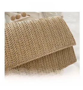 Close-up of khaki woven straw texture detail on a stylish summer crossbody bag