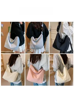 Collage showing six color options of large nylon crossbody bags on models in daily scenes