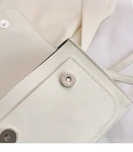 Macro shot of silver magnetic buckle and fabric texture on cream crossbody bag