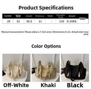 Detailed size chart and dimensions table for the canvas tote bag showing colors and strap length