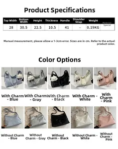 Size chart and color options for large capacity tote bag with precise measurements