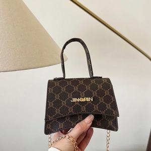 Vintage brown monogram mini crossbody bag with round handle and gold chain strap