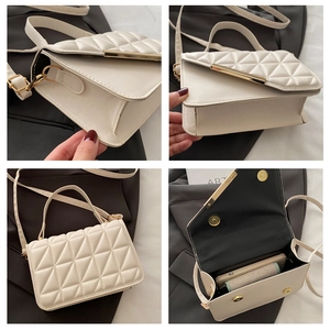 Detail shots of off-white quilted crossbody bag with gold hardware and interior capacity