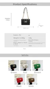 Detail view of quilted PU shoulder bag with bow metal buckle and dimension specs