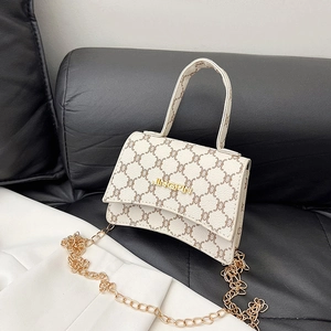 Chic beige crossbody square bag with vintage floral pattern and gold chain strap