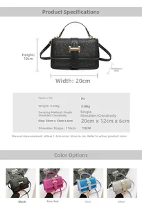 Detailed size chart for minimalist glitter square bag with 20cm width and metal handle